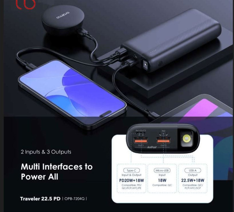 پاوربانک Traveler 22.5w PD اورایمو با ظرفیت 20000mAh